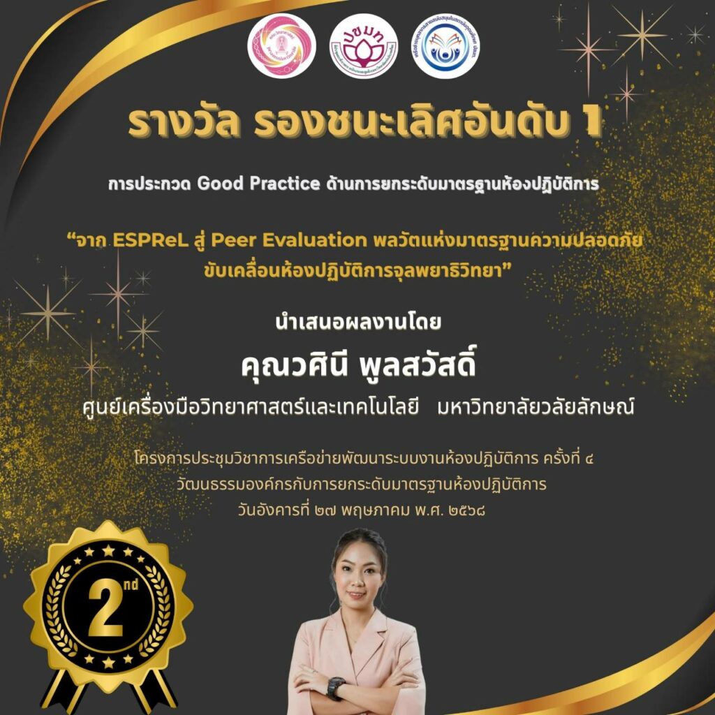 ขอแสดงความยินดีกับนางสาววศินี พูลสวัสดิ์ นักวิทยาศาสตร์ ศูนย์เครื่องมือฯ มวล. ได้รับรางวัลรองชนะเลิศอับดับที่ 1 ในการประกวด Good practice ภาคโปสเตอร์ด้านการยกระดับมาตรฐานห้องปฏิบัติการ ของโครงการประชุมวิชาการเครือข่ายพัฒนาระบบงานห้องปฏิบัติการ ครั้งที่ 4